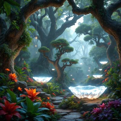 The primary subject of the image is a beautiful garden with a pathway leading through it. The setting is a lush, green forest with trees and flowers surrounding the path. The visual style is a combination of photo and digital art, creating a realistic yet artistic representation of the garden. The colors and mood are vibrant and serene, with the greenery and flowers adding a sense of tranquility and natural beauty to the scene.